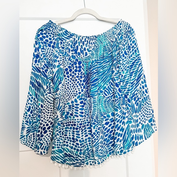 Lilly Pulitzer Off the Shoulder Nita Blue and White Pom Pom Bell Sleeve Top - Picture 3 of 8